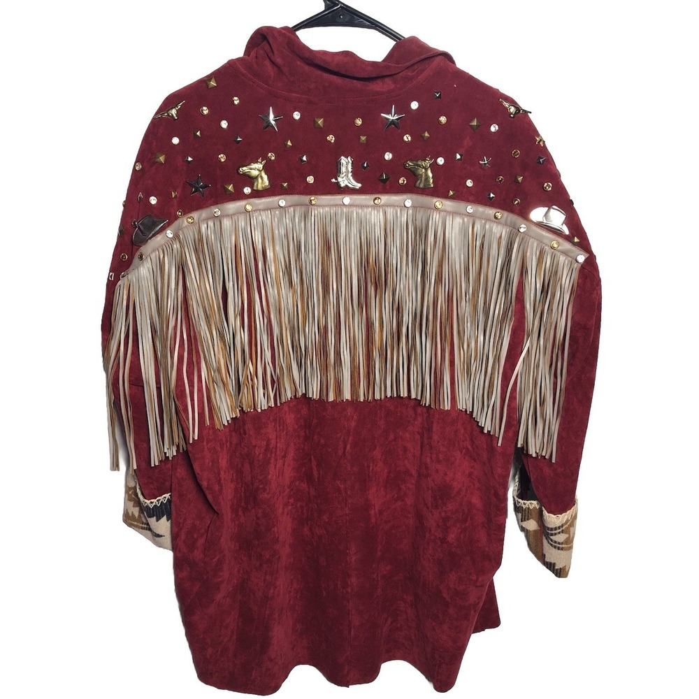 Josefina by Vero Solis Burgundy Fringe Stud Jacket Western Boho M B-58″ DAMAGED - Picture 15 of 16